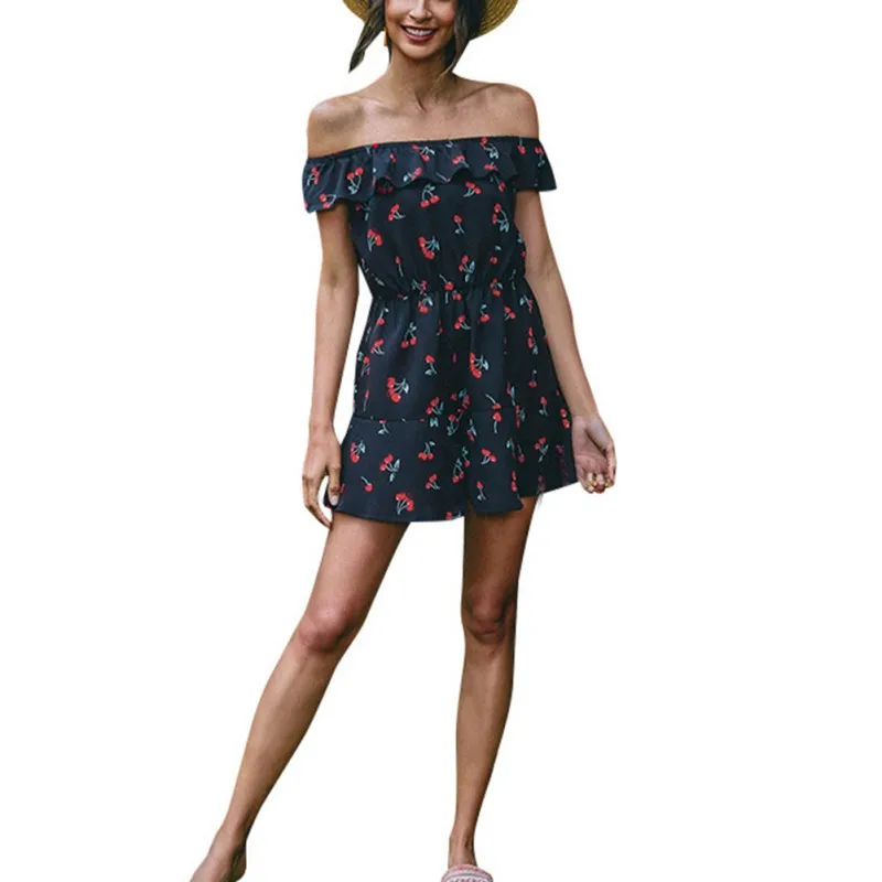 

2021 Summer Women's Sexy Off-shoulder Short-sleeve Printed Dress High Waist Cute Elegant Short Dress For Teen Girl Beach Dress