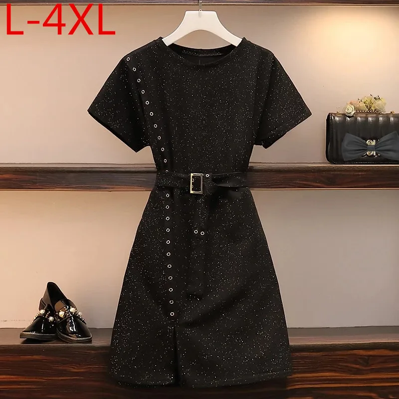 L-4XL размера плюс корейский стиль женское летнее платье с коротким рукавом и