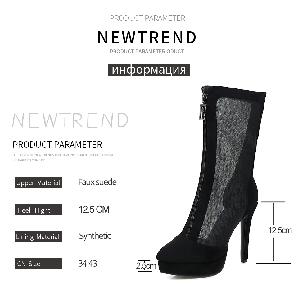 ANMAIRON Flock Mid-Calf  Boots Women Thin Heels Spring/Autumn 2020 Shoes Woman Platform Basic Round Toe Mesh (Air Mesh) Boots