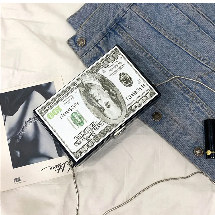 Fashion Dollar Pattern Box Design Pu Leather Women Daily Clutch Bag Chain Purse Shoulder Bag Tote Ladies Handbag Crossbody Bag