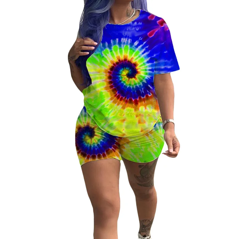 

2021 Summer Women Two Pieces Set Tracksuits Short Sleeve Tops + Shorts Suits Sexy Night Joggers Tie-Dye Print Sports Outfits