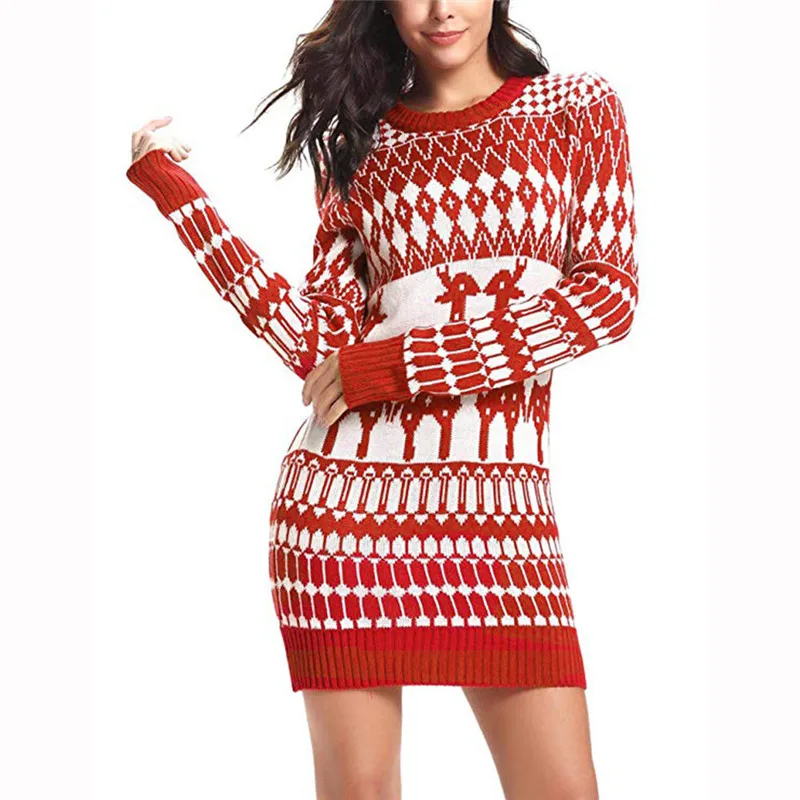 Women Xmas Christmas Sweater Mini Dress plus size Long Sleeve pullovers winter jumpers knitwear 2020 New year clothes pull femme | Водолазки