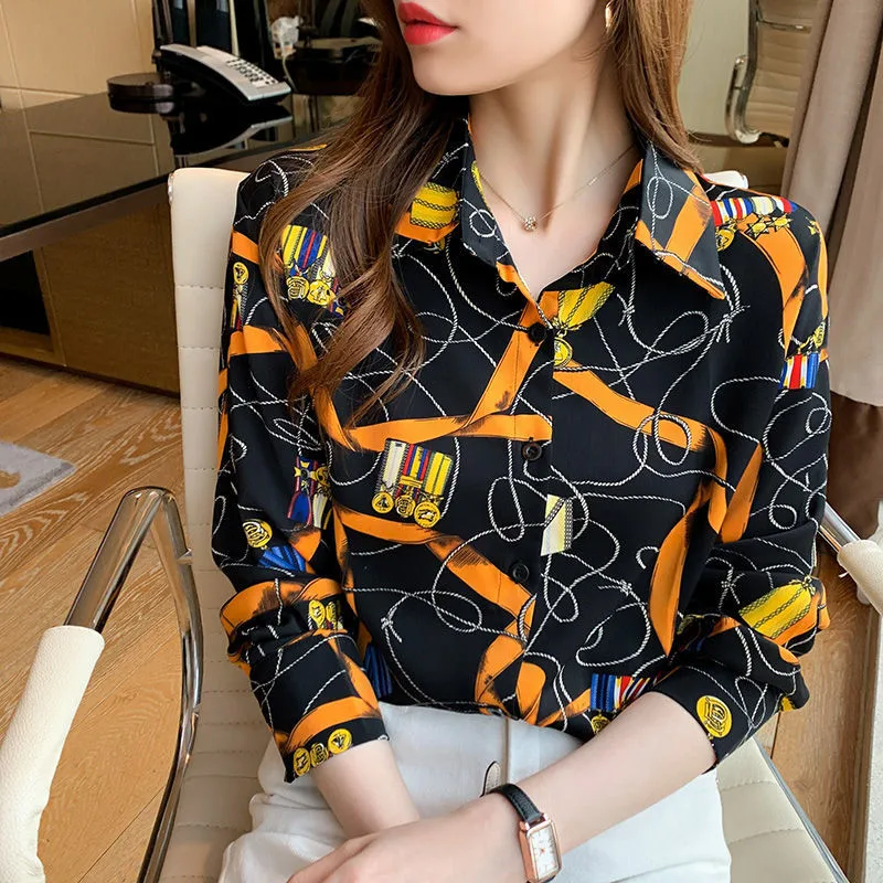 

2021 винтажная Повседневная шифоновая блузка для женщин Свободная рубашка с длинным рукавом женская одежда на весну и осень женские топы в ст...