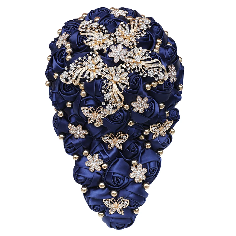 Nuovo Bouquet da sposa per sposa nappa cristallo dorato perla nastro rosa blu Navy personalizzabile puntelli da sposa fai da te W308