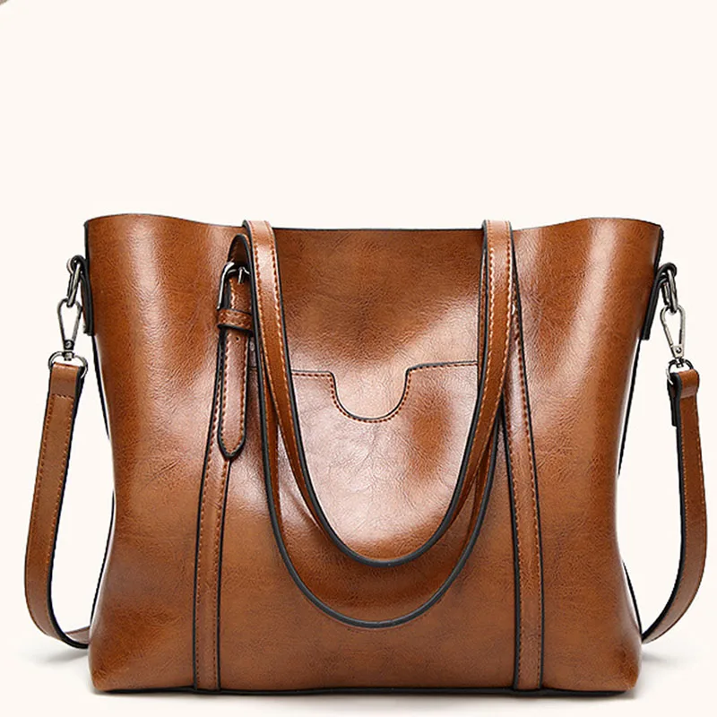 

Women Leather Handbags 2021 Women Oil wax Causal Totes Bag Luxury brand HandBags With Purse Pocket Women Large messenger bag
