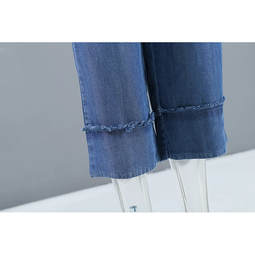 

YUANYUANJYCO Spring Women Harajuku Long Cotton Jean Pants Fashion Lace Up Wide Legs Thin Light Ankle Length Denim Trousers