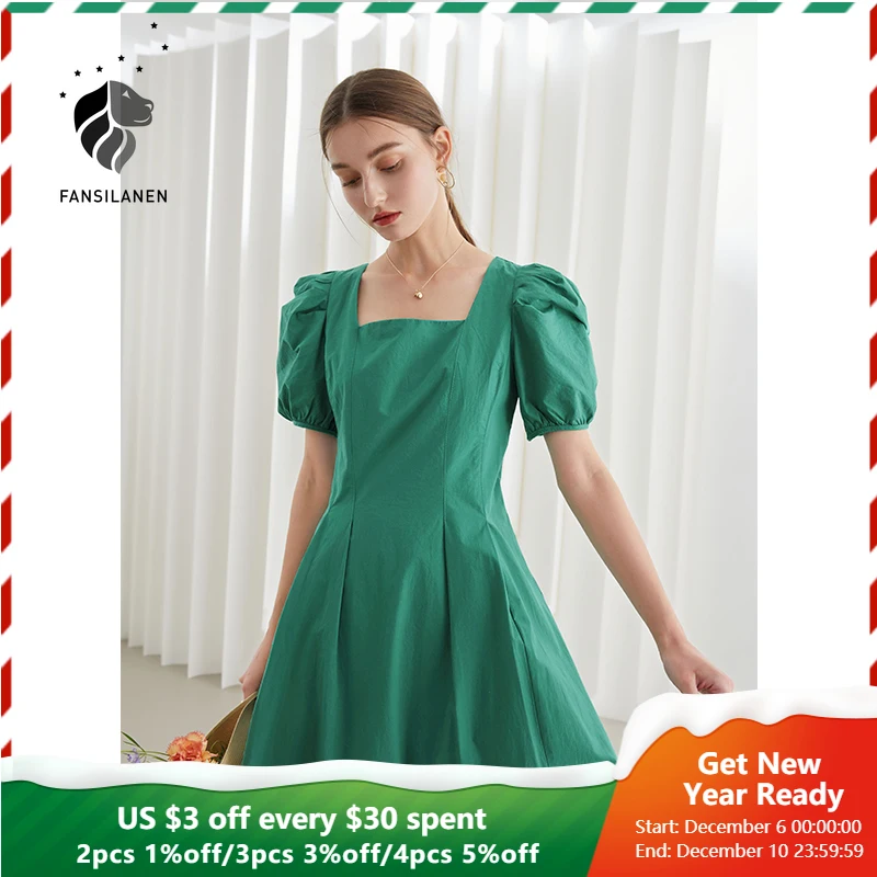 

FANSILANEN Office Lady 100% Cotton Puff Sleeve Green Yellow Dress Summer 2021 New Style French Square Collar Retro Long Skirt