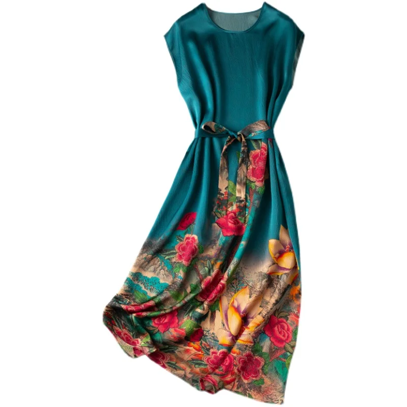 

Women's 100% Silk luxury Fashion Heavy Long Dress Elegant Round Neck Peacock Blue Flowers Prints One Size L1178