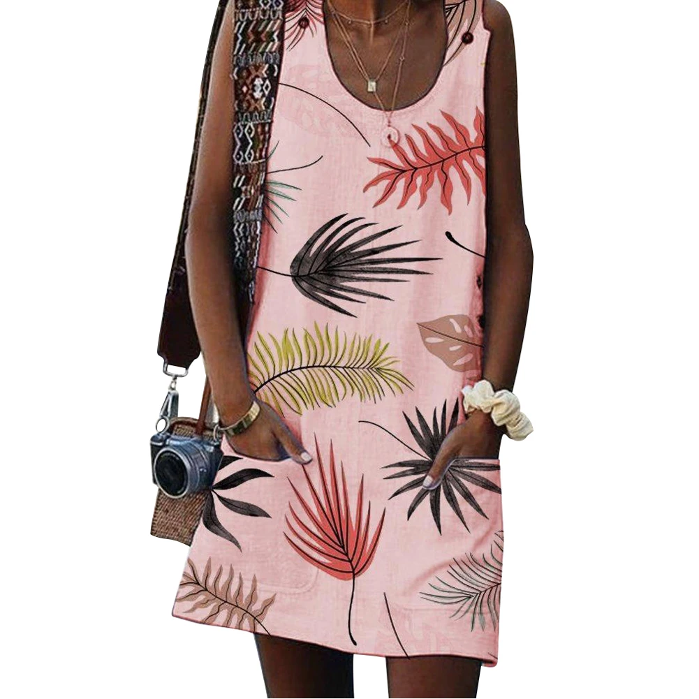 Мягкое домашнее повседневное женское платье без рукавов с принтом в виде листьев