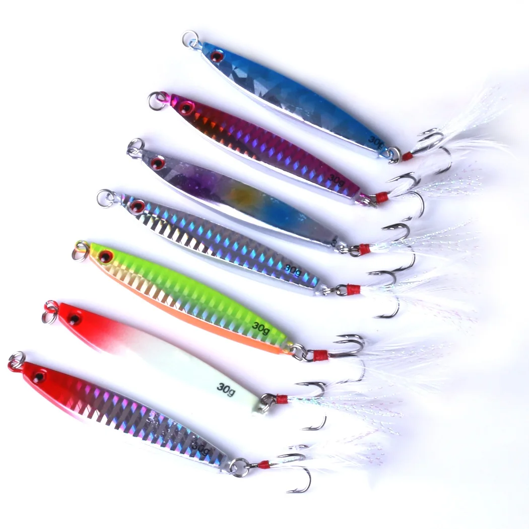 

70pcs 30g 40g Lead Bait Jigs Saltwater Jigging Fishing Lure Bass Feather Hook Artificial Bait Sinking Lures Blade Lures
