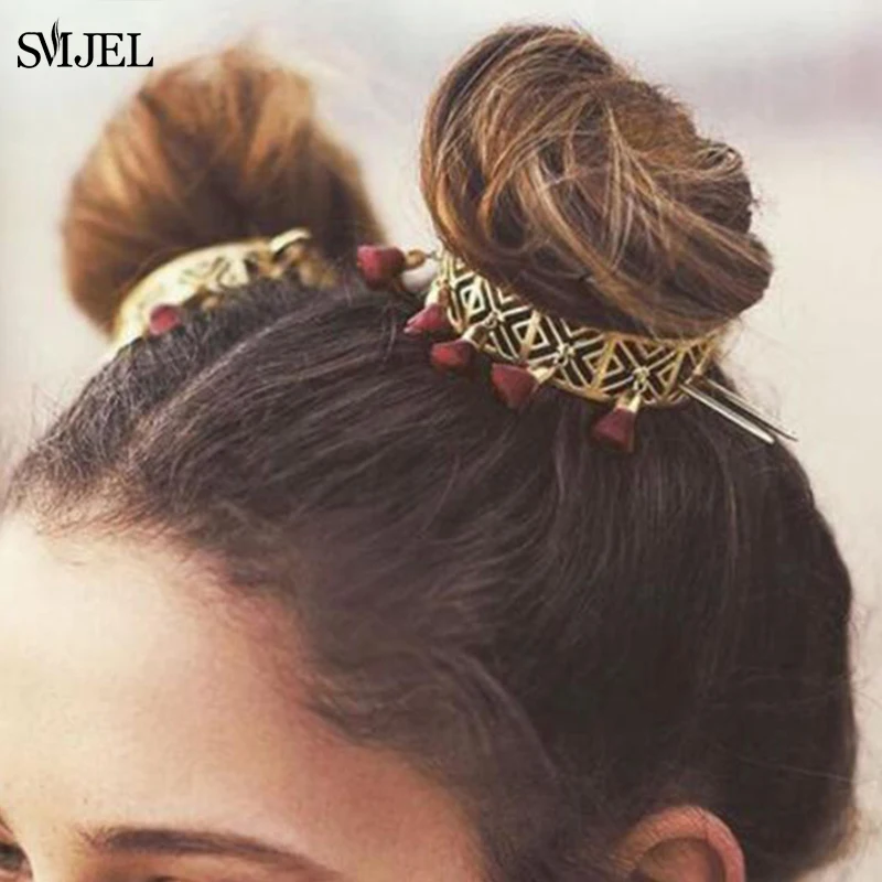 

Fashion Boho Bun Cuffs Pink Red Tassel Gypsy Hair Stick Women Girl Hollow Out Square Hair Accessories Jewelry Wedding Party Gift