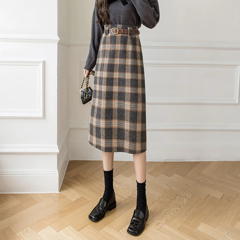 

Vintage Plaid Wool Long Skirt For Women Autumn Winter Warm Thicked Splip Skirts Women Faldas Mujer Moda Office Skirt