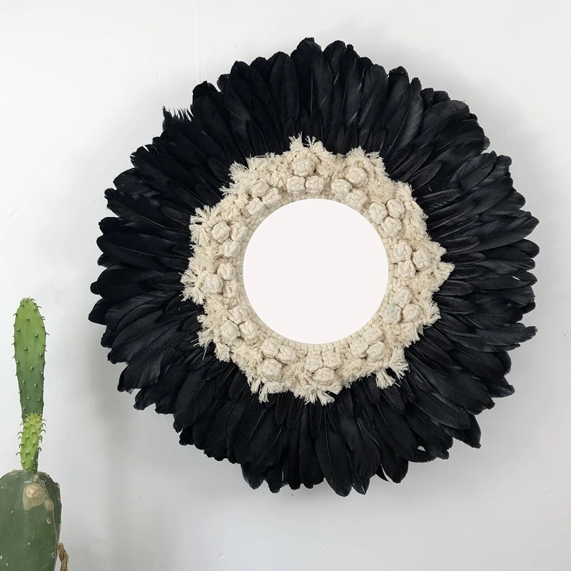 A Black 55cm 3 шт., ручная работа, перо макраме, зеркало, настенная подвесная стена, Скандинавское крыльцо, креативная гостиная, диван, B& B, декор изголовья, бохо, Декор - Цвет: A Black 55cm