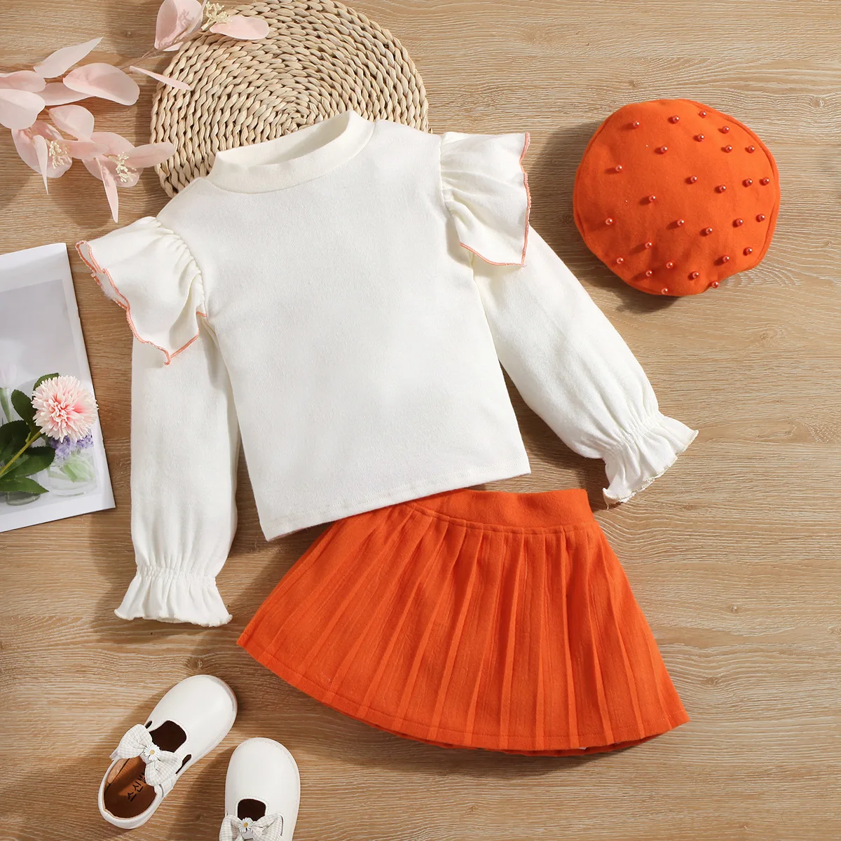 

2022 Spring Autumn Fashion Girl Set Lantern Sleeve Knitted Lotus Leaf Pullover Pleated Skirt Hat 3Pcs Kids Long-Sleeved Clothing