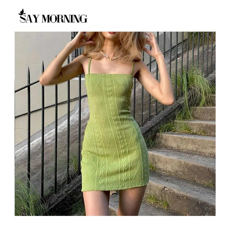 

SAY MORNING Women Fashion Elegant Streetwear Strap Mini Dress Summer 2021 New Solid Green Knit Stretch Slim Office Lady Dresses