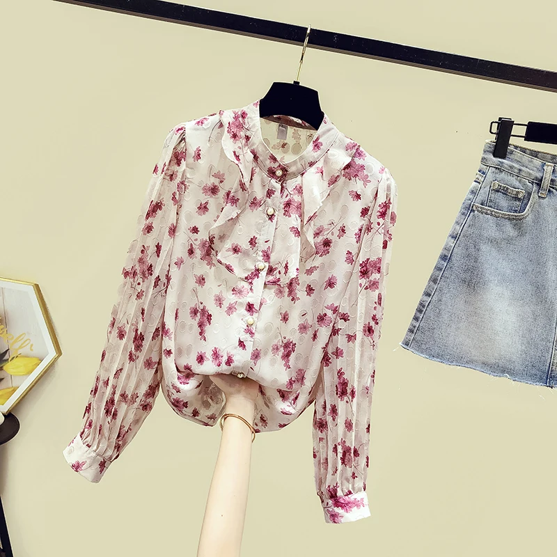 

New Autumn Shirts 2020 Women's Long Sleeves O Neck Ruffles Floral Shirt Ladies Female Casual Shirts Blouse Tops A3734