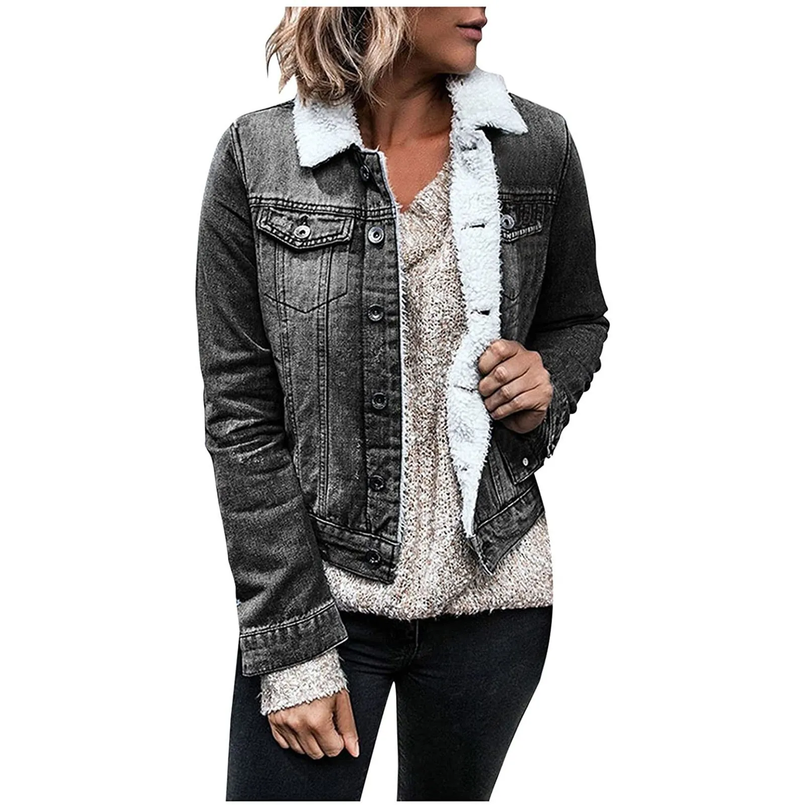 Куртка женская джинсовая с карманами теплая верхняя одежда из овечьей шерсти