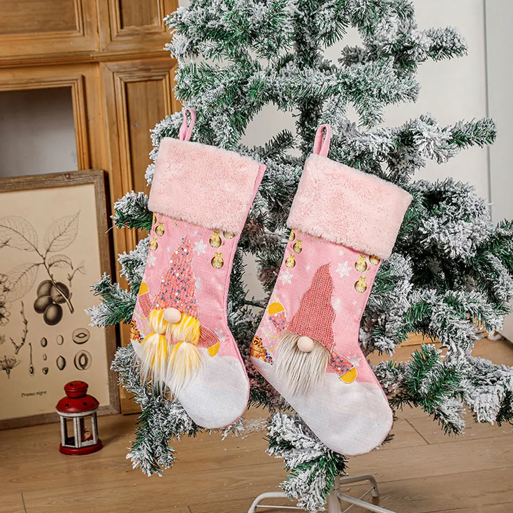 

Christmas Stocking Decoration Child Festival Pink LED Decorate Home Glow Imitation Linen Non-woven Fabric Lucky 1pcs Party