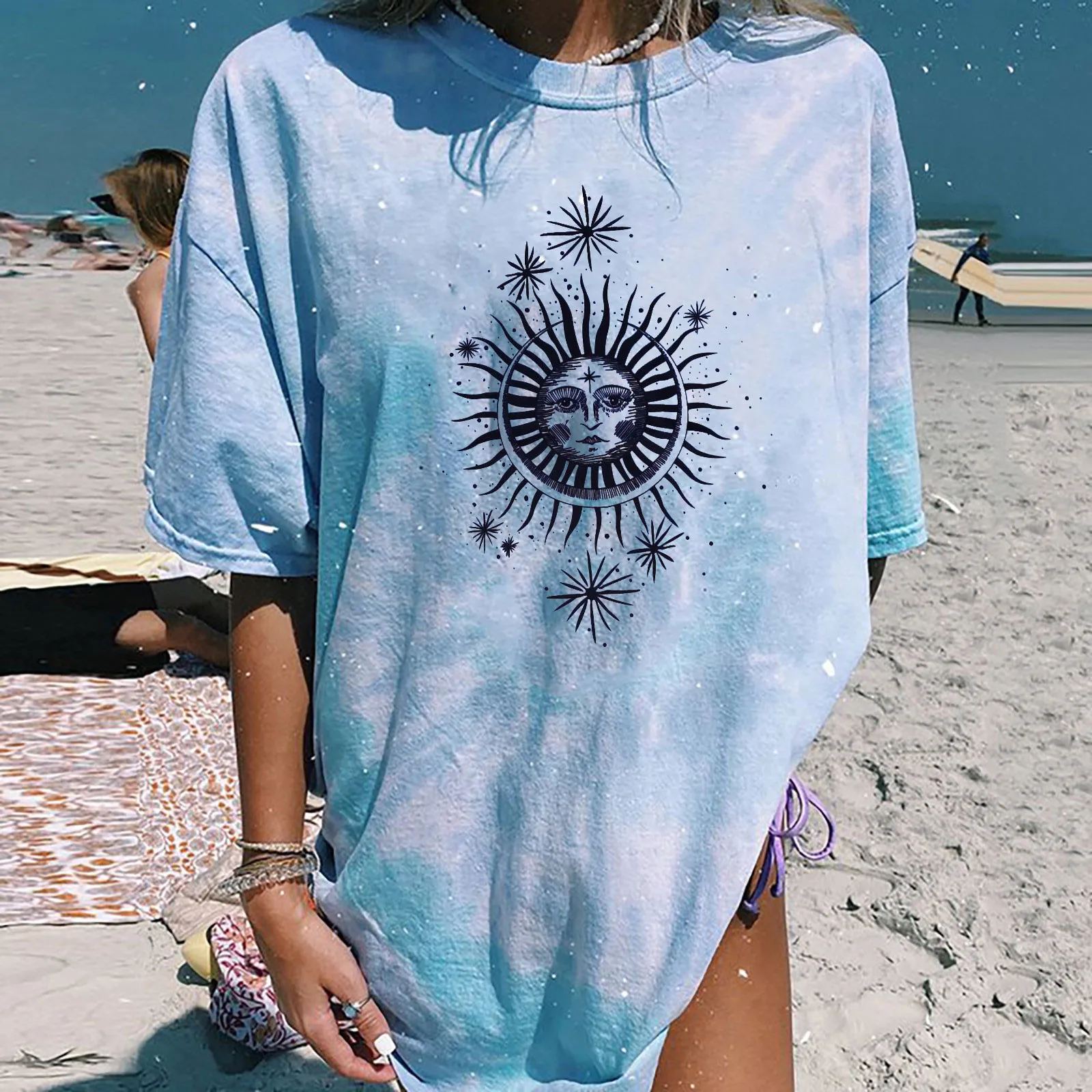 

New Harajuku T-shirt Women's Tops Tie Dye Vintage Sun Moon Print Short Sleeve Graphic Oversize Loose Female Tops Tee Streetwear