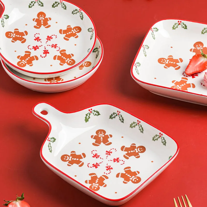 

Christmas gingerbread man cheese baked rice bakeware, home creative ceramic tableware, handle plate
