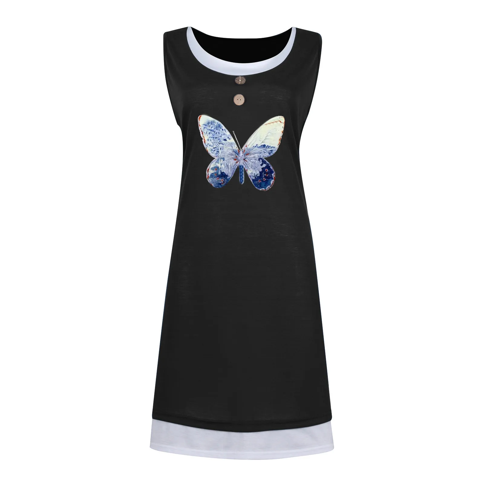 

2021 Summer Trending Beach Dress Women's Loose Fashion Fake Two-Piece Robes Wear Female Printing Sleeveless Casual Vestidos