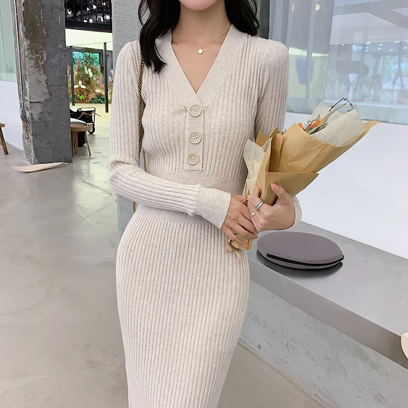 Модное осеннее платье свитер женские вязаные платья с v образным вырезом свитера