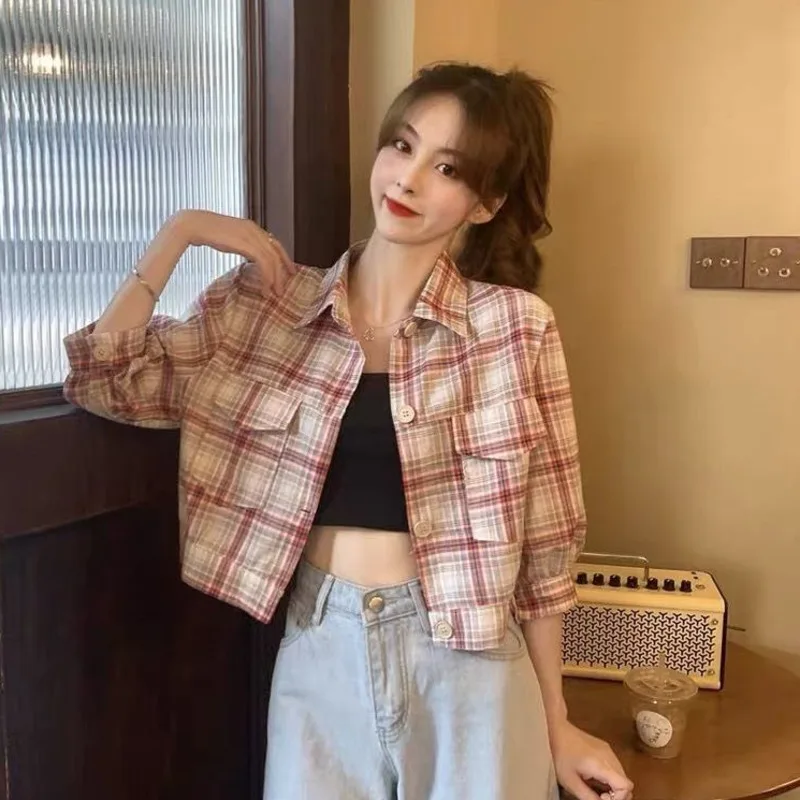 

Fashion Blouses Shirts Women Plaid Crop Top Korean Style Sweet Fashion Chic All-match Summer Loose Short Sleeve Button Shirts