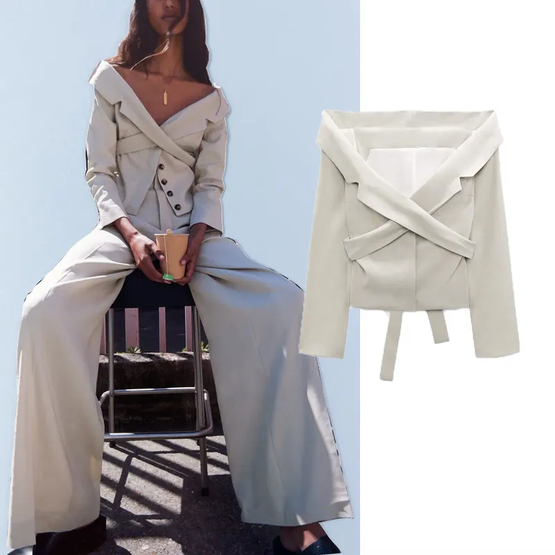 

Женский блейзер с отложным воротником, длинным рукавом, открытыми плечами, с боковыми рюшами, на лето, 2021