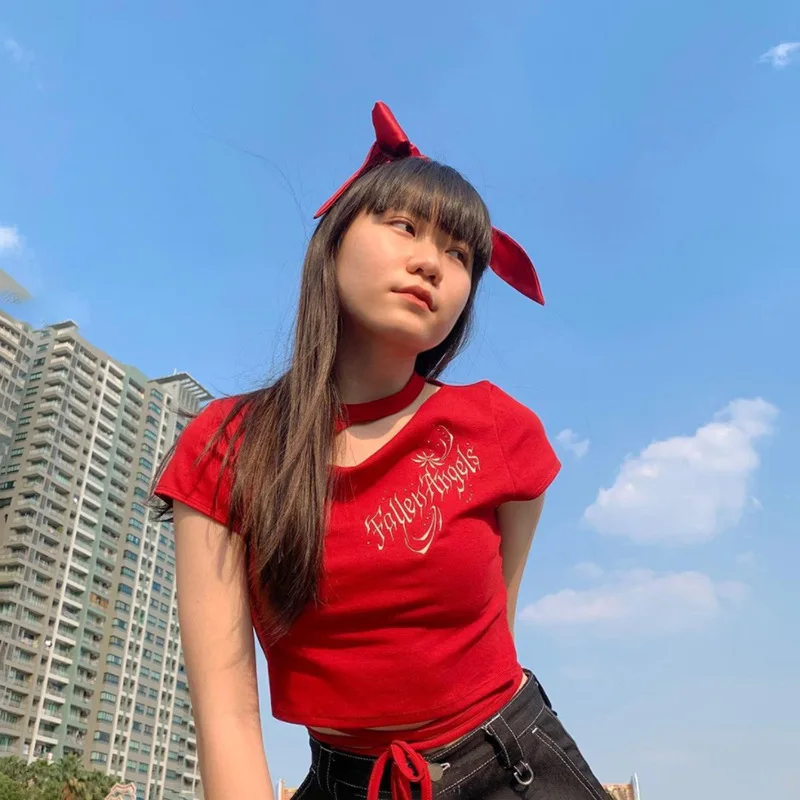 

Women Sexy O Neck Letter Print Hollow Out Solid Color Bandage Drawstring Short Sleeve Cropped T Shirt High Street Clubwear Top