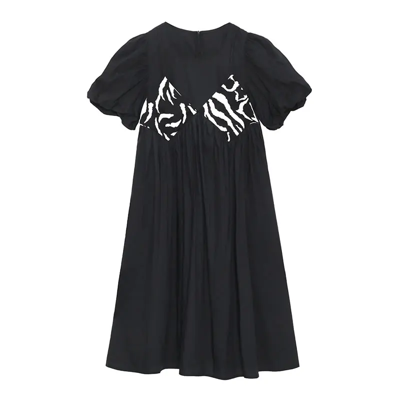 

XITAO Pleated Puff Sleeve Dress Women 2021 Summer New Arrival Personality Fashion Loose O-neck Short Sleeve Dress WMD1686