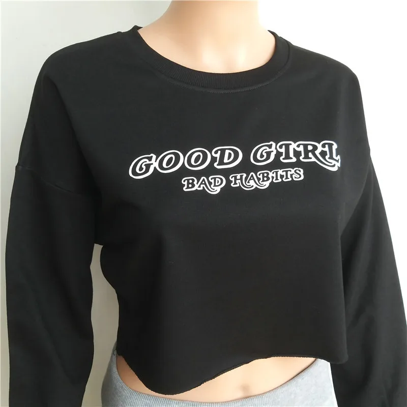 Black Crop Top Long Sleeve Short Sweatshirt for Women 2019 Winter Autumn Yellow Tops Good Girl Bad Habits Letter Cropped Moletom |