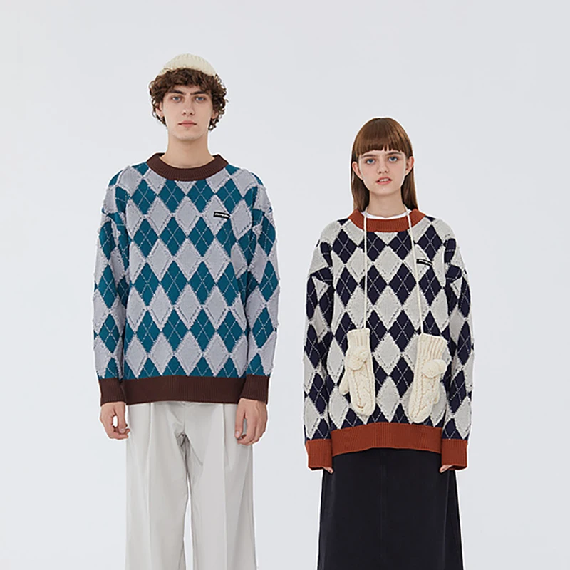 

Men Argyle Plaid Knit Sweaters Streetwear 2020 Winter Unisex Casual Vintage Loose Knitwear Couple Oversize Pullover Sweater Tops