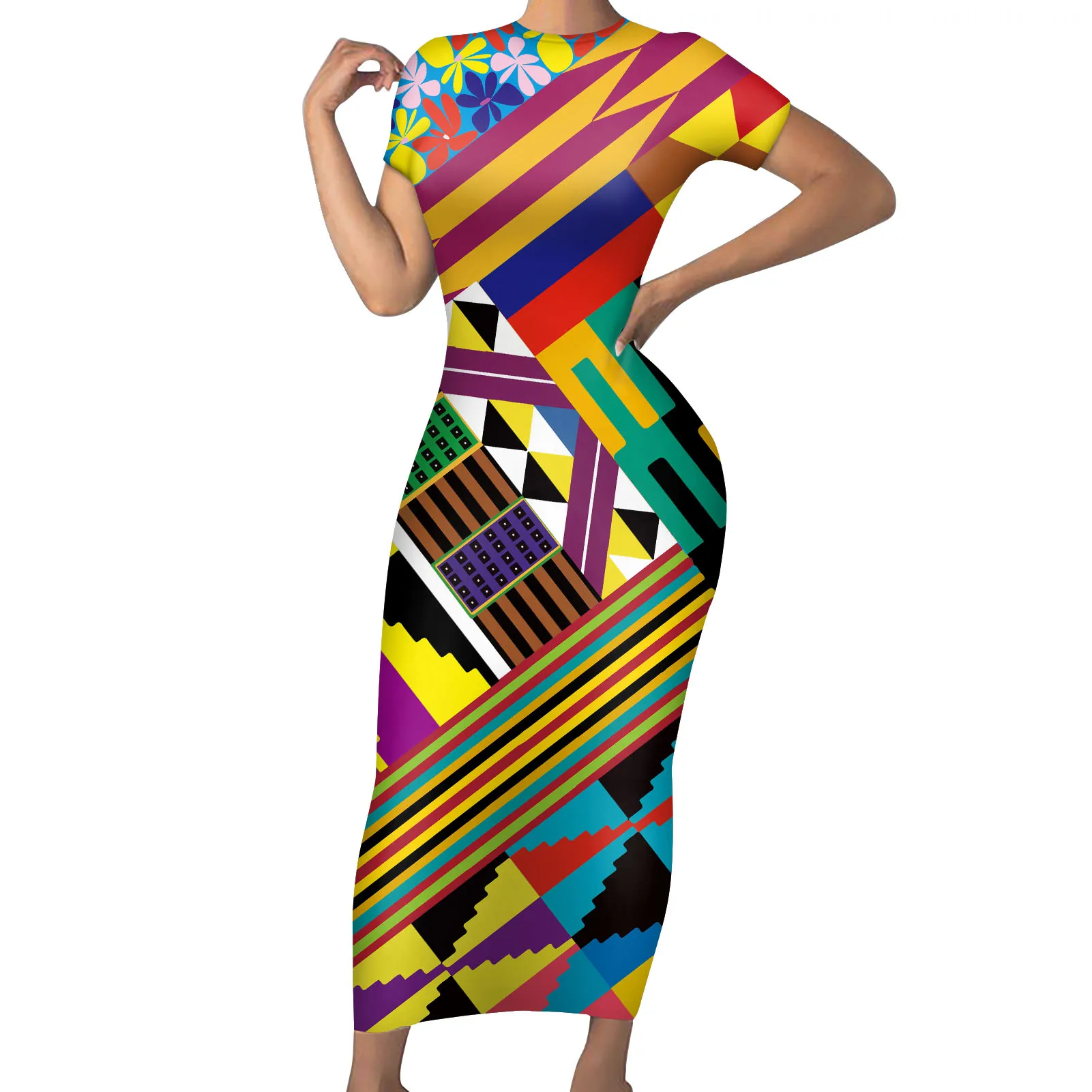 

Hot Selling Custom Women's Dress Colorful Background With Floral Triangle Pattern Ladies Summer Tight Comfort Breathable Dress