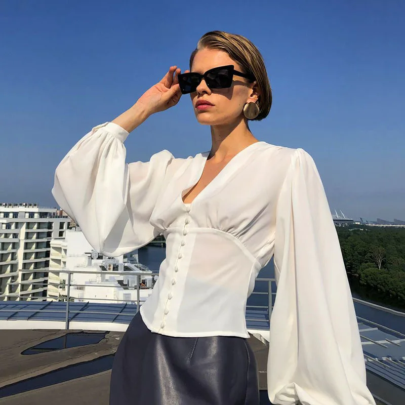 

Newest Women Loose Blouse Long Puff Sleeve V Neck Spring White Autumn Shirts Casual Button Down Top Female Blusas Party Elegant