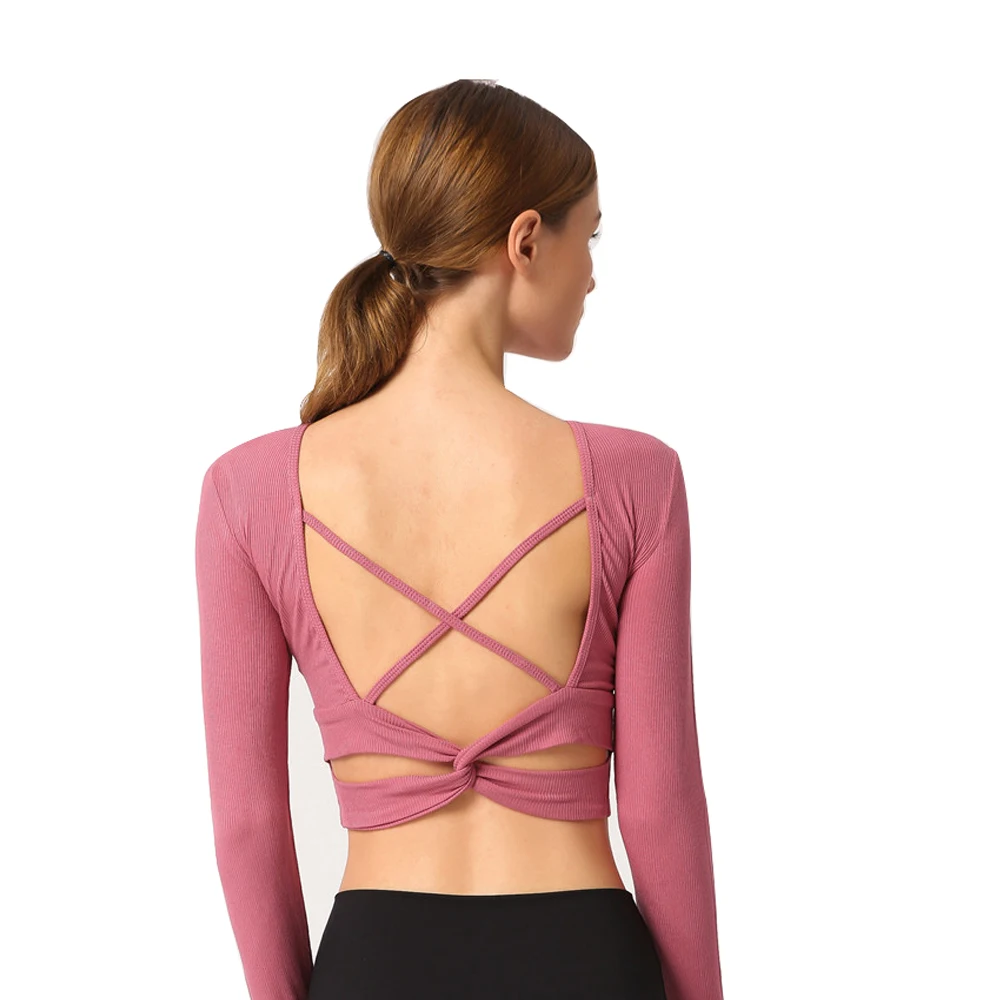 С длинными рукавами спортивный короткий топ Для Женщин Йога задняя Скрещенные