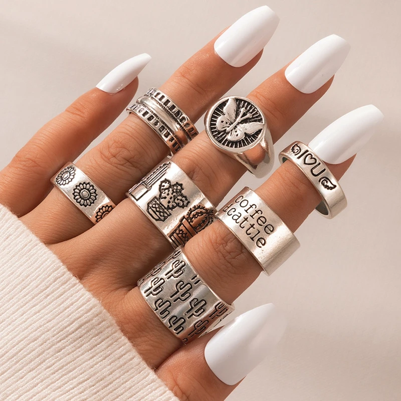 7pcs/Set Bohemia Antique Silver Color Cactus Butterfly Pattern Rings Sets For Women Carving Rings Jewelry