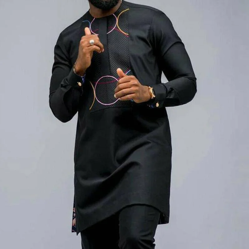 Abaya Muslim Men's Clothing Casual Black Shirt Long-sleeve Printed T-shirt African Men Fashion Slim Dashiki Tops Male 2021 Fall