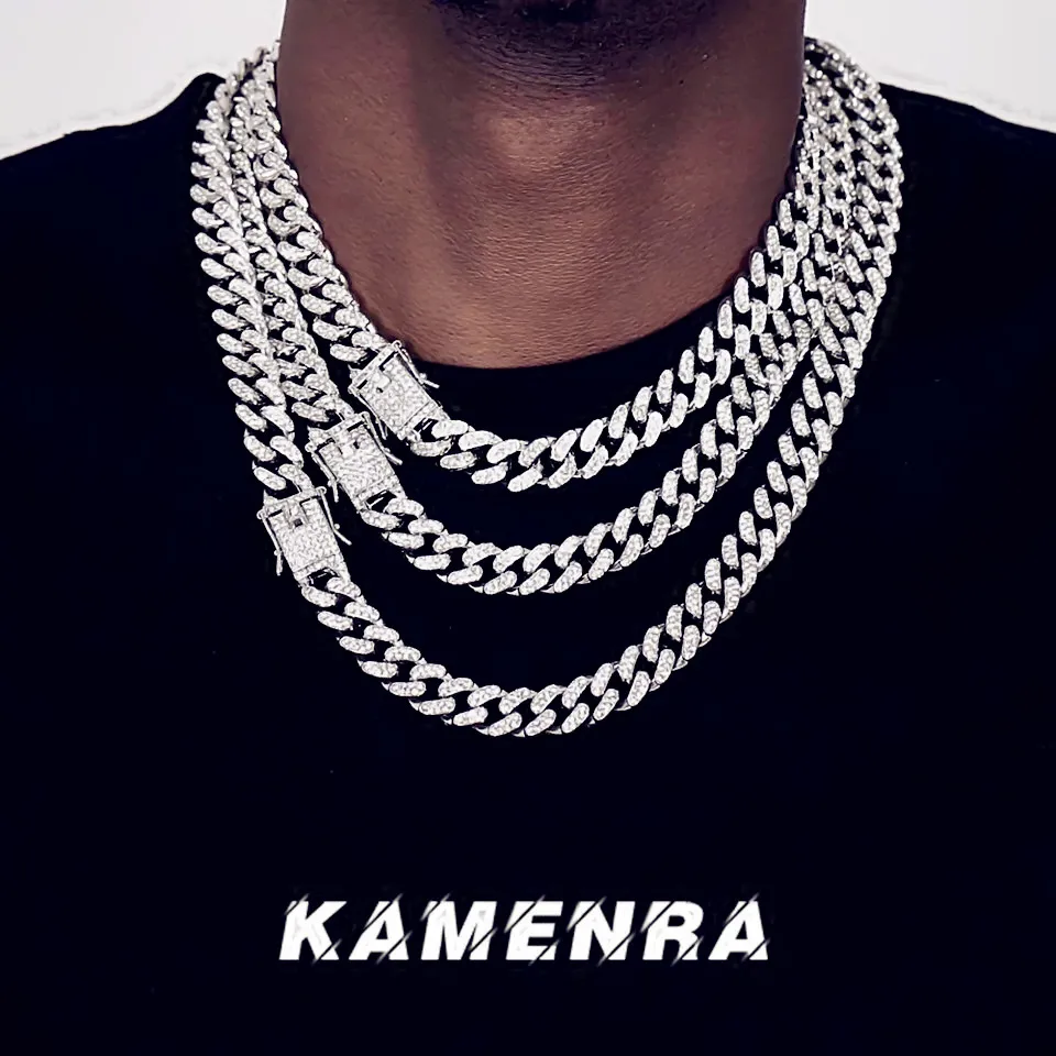 

Hip Hop Iced Out Paved Rhinestones 1Set 13MM Silver Color Full Miami Curb Cuban Chain CZ Bling Rapper Necklaces for Men Jewelry