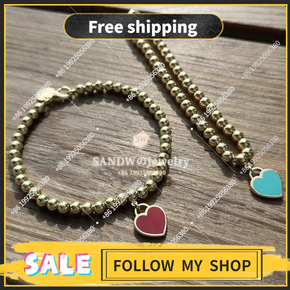 

Sterling silver 925 bracelets for women Heart-shaped enamel round bead bracelet light luxury fashion Couple jewelry gift