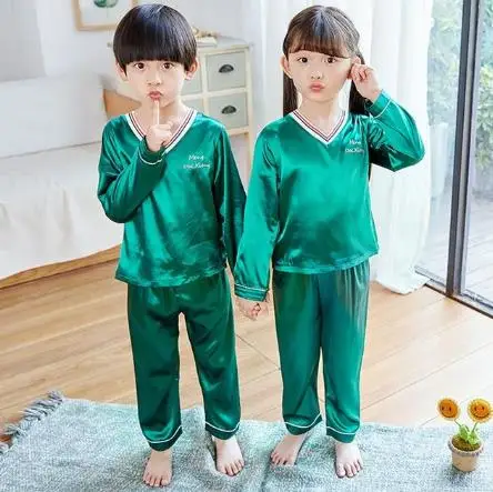 

Children's home service suit girls pajamas long-sleeved silk shirt + pants suit V-neck cute fashion pajamas