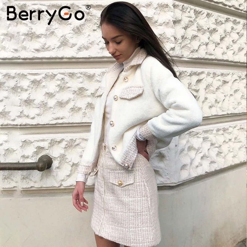 BerryGo Твидовые костюмы из двух предметов Женский комплект одежды осенне-зимний костюм в стиле пэчворк однобортная Офисная Женская юбка, костюмы женские