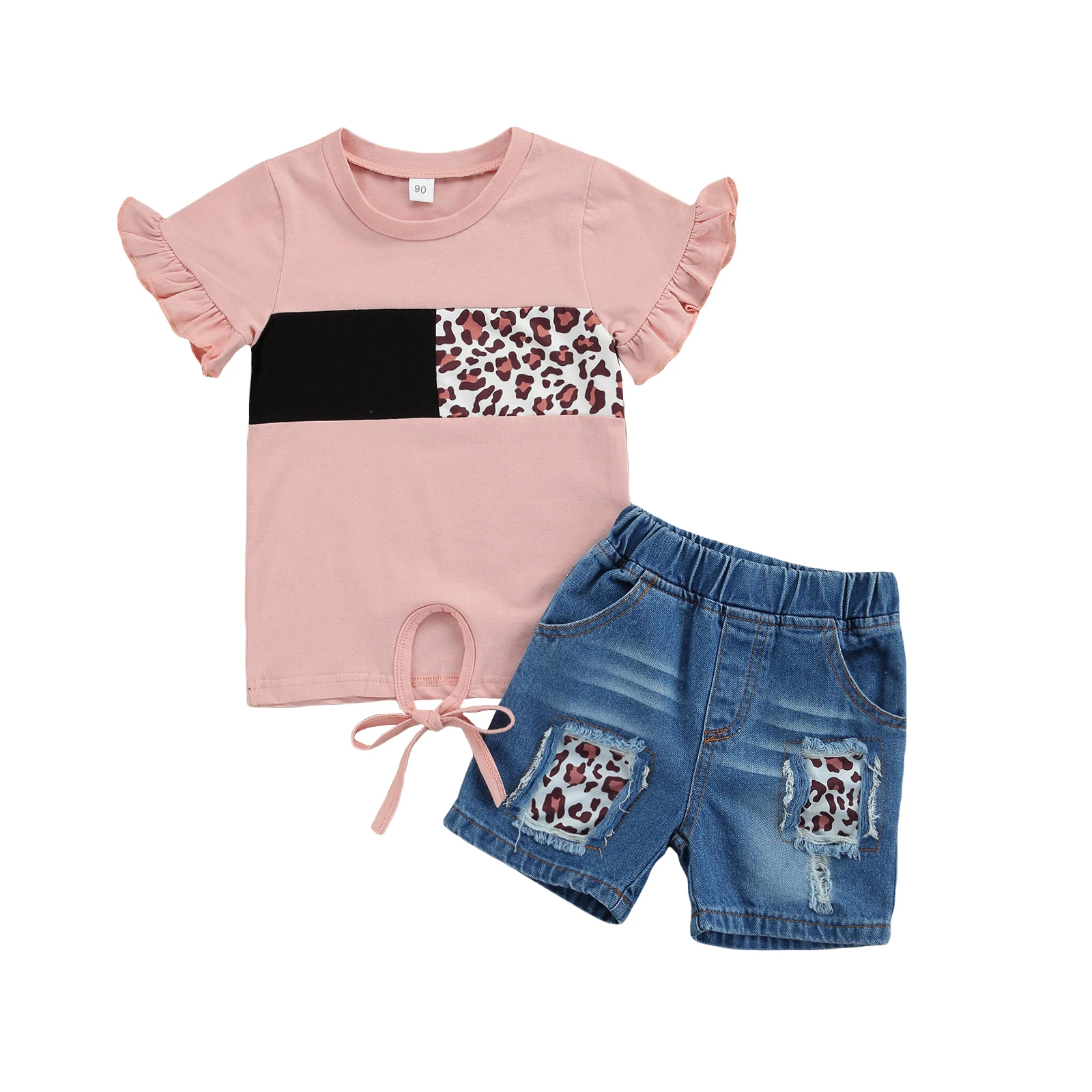 

Одежда для маленьких девочек, комплект из 2 предметов, летняя одежда без рукавов Леопардовый принт пэтчворк топ + рваные шорты из денима, ком...