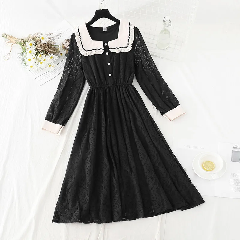 

2021 New Black Lace Dress Elegant Vintage Spring Autumn Fashion Women Single-Breasted Dresses Slim Long Sleeve Vestidos H1161