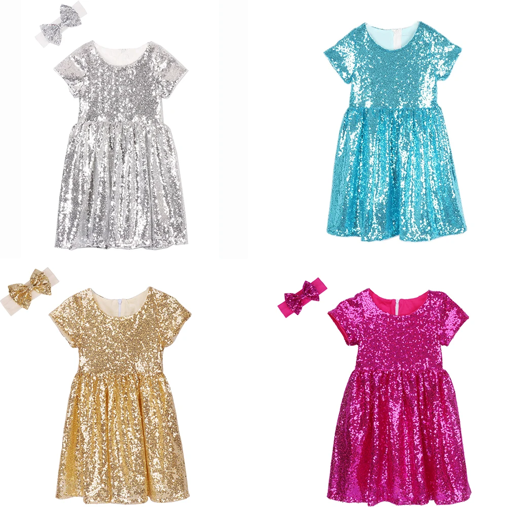 Champagne Glitter Sequin Dress Girl Baby Kids Sparkle Party Summer Prom Wedding Pageant Toddler Short Sleeve | Детская одежда и