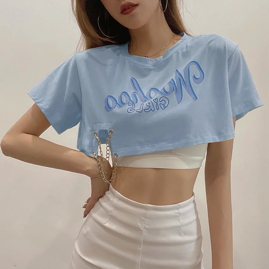 

2 Pieces T-shirts for Women Summer Short Sleeve Casual Tops Chain Tee Shirt Femme Streetwear Pink Crop Top Cute