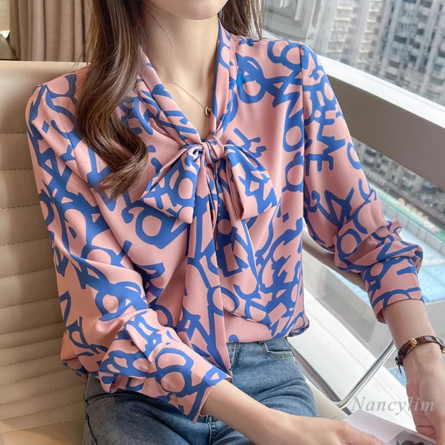 

2021 Spring New Vintage Bow Lace-up Shirt Women's Printed Design All-Match Office Wear Long Sleeve Blouse Blusa Femme