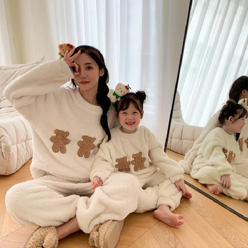 

Girls' Winter Coral Fleece Pajamas Baby Fur Sweater Flannel Pant Suit Mother Daughter Clothes Parent-Child Suit Warm Loungewear
