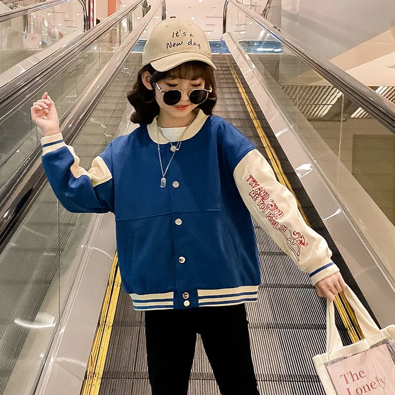 

Girls Long Sleeve Tops Jacket Patchwork Baseball Jacket 2021 Spring Autumn Big Kids Korean Single-breasted Casual Coat Outerwear