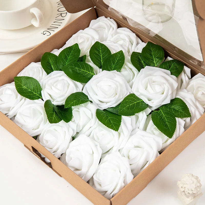 

75pcs White Rose Artificial PE Foam Flower Scrapbooking DIY Wedding Home Decoration Table Centerpieces Bride Bouquet Accessories