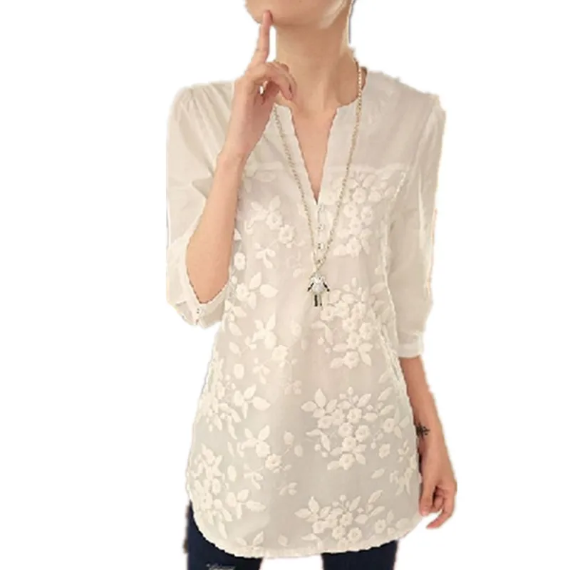 Новые v-образным вырезом из органзы с вышивкой рубашка Белая Кружевная блуза топ